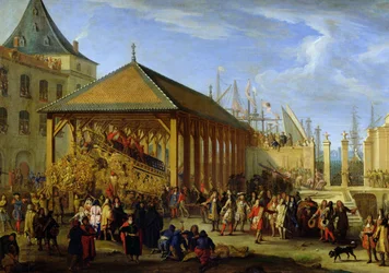 Jean-Baptiste Colbert (1651-90) Marquis de Seignelay et Louis Victor de Rochechouart (1636-88) Duc de Vivonne visitant le galion 